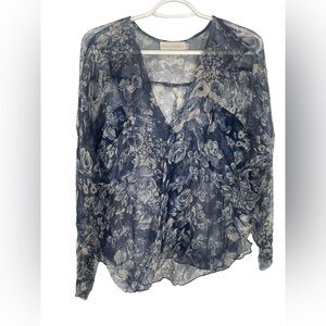 Johnny Was Love and Liberty Top Blouse Shirt Size Small Silk Floral Blue Boho